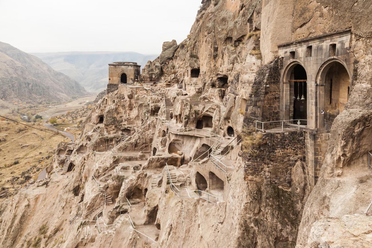 Cliff cut out cave complex in Vardzia, Georgia